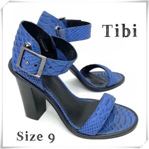 Tibi Snakeskin Embossed Leather Chunky Heel Ankle Strap Buckle Sandal Royal Blue